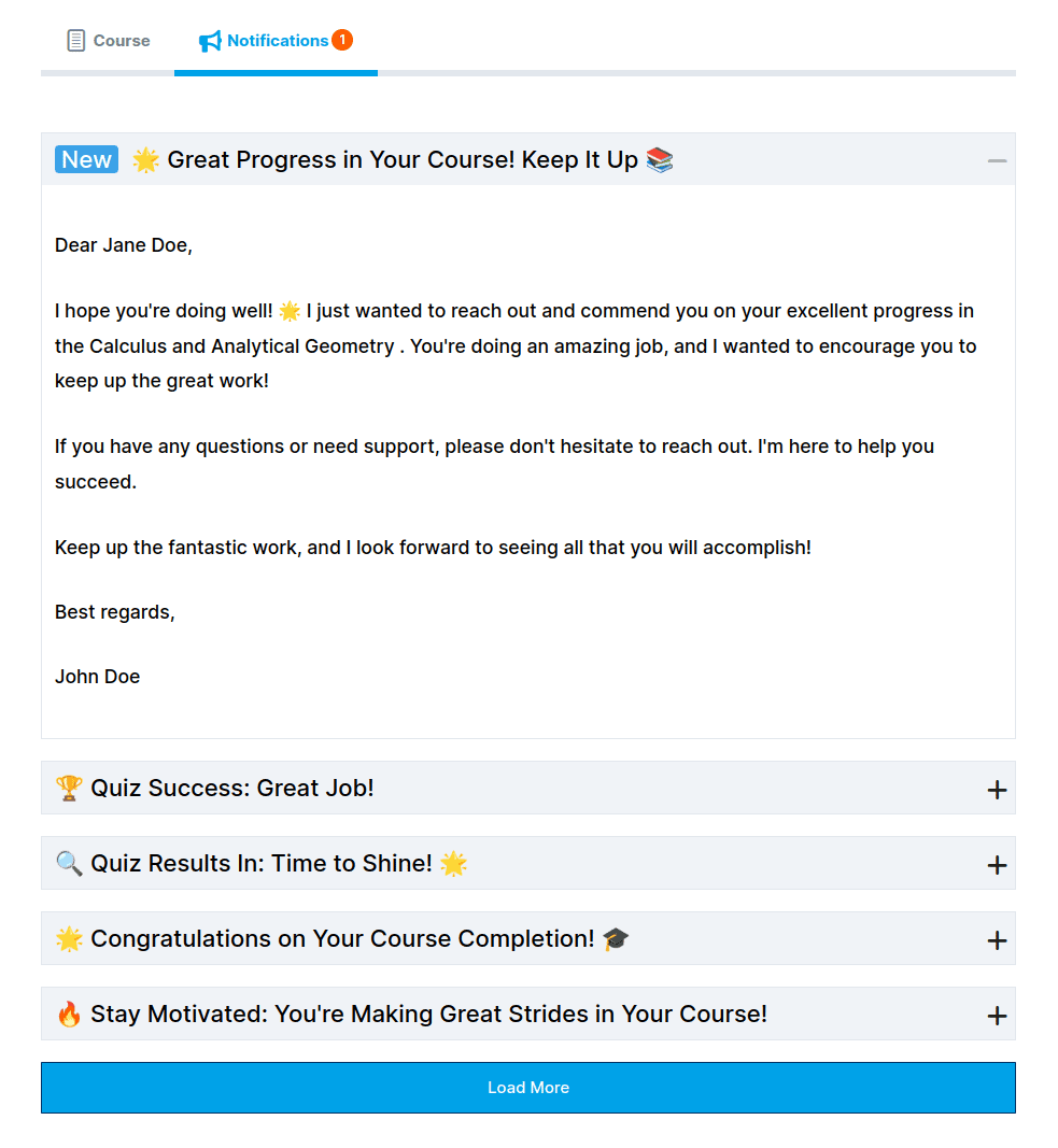 Student Notification tab on course Page