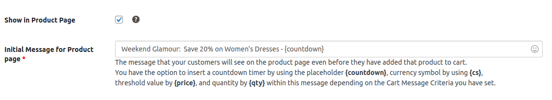 Initial Message for Product page